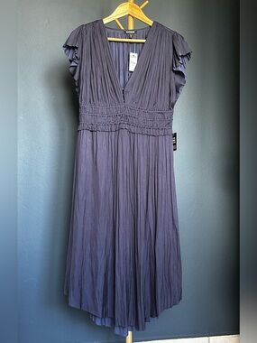 Express Navy Blue Silky V-Neck Midi Summer Dress